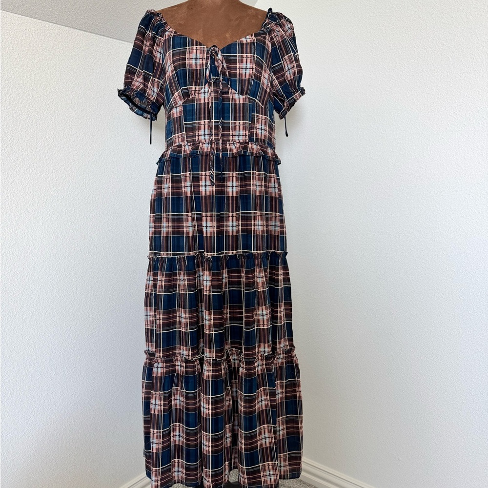 Vestique Navy and Pink Plaid Maxi Dress
